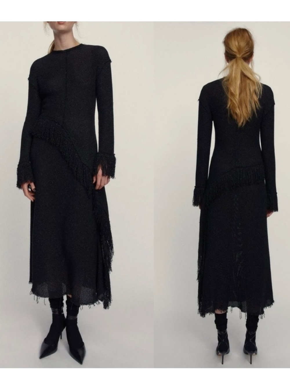 Zara Studio  Black Fringe Metallic Thread Knit Dress, M